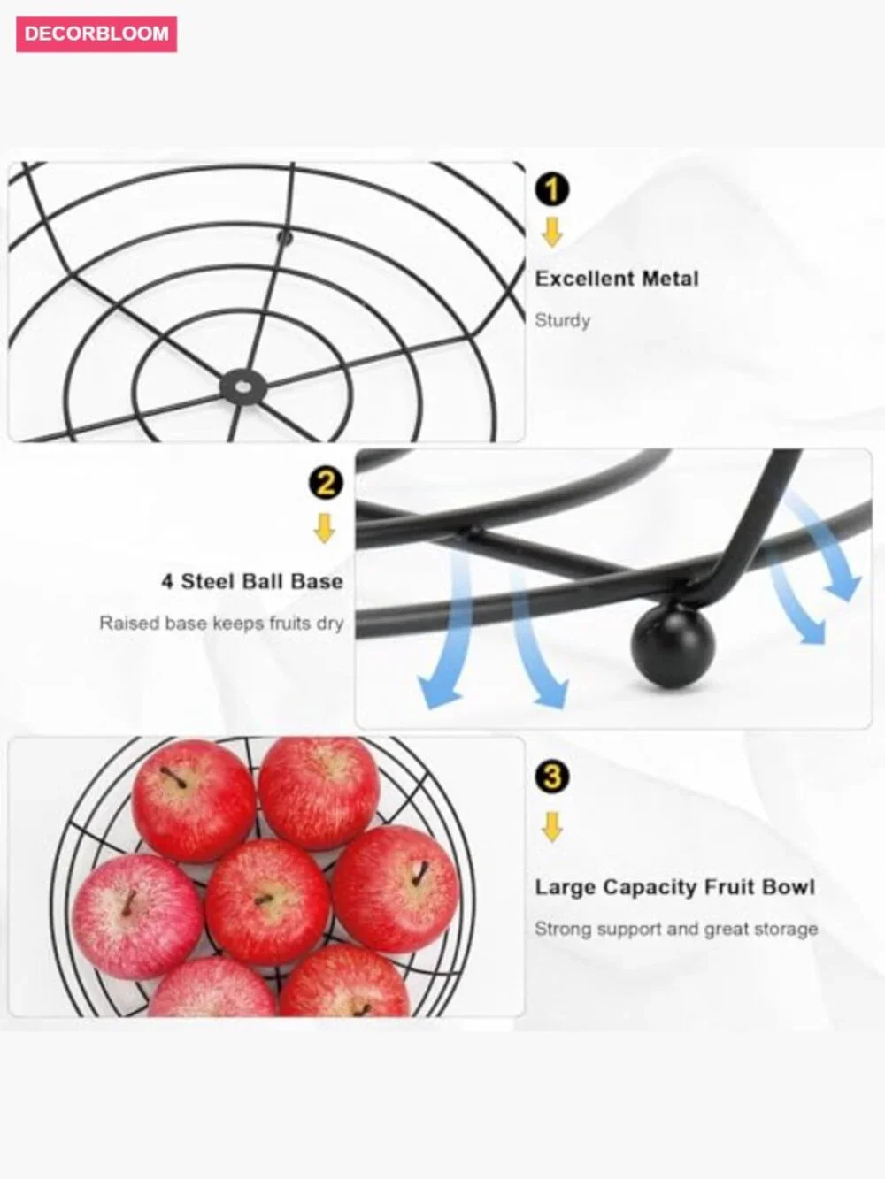 Set of 3 Metal Wire Fruit Baskets Kitchen Counter Storage Organizer